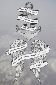 an anchor with two wings and some words on it