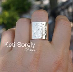 "Large tube ring with hand engraved personalized initials. Initials will be etched int the metal by out talented jewelers. Available in yellow gold, rose gold or white gold overlay. Simple and stylish large monogram ring. Design by: Keti Sorely Metal: - Brass with yellow gold overlay - Brass with with 14K rose gold overlay - Brass with with Platinum overlay (Rhodium) - 14K gold filled (Yellow or white) - 10K solid gold - 14K solid gold Ring size: 5 to 12 Ring width - 3/4\" 1-3 letters only. ---- Luxury Personalized Engraved Ring As Gift, Wide Band Stamped Engraved Ring Gift, Wide Band Engraved Stamped Ring Gift, Wide Band Engraved Stamped Ring, Engraved Wide Band Ring With Stamping, Engraved Wide Band Jewelry For Promise Ring, Gift Wide Band Open Ring Engraved, Stamped Wide Band Jewelry Gift, Stamped Wide Band Jewelry For Gift