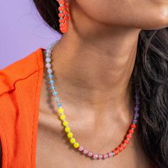 Mix, match, and layer effortlessly to create a look that's uniquely yours. The bright and bold colors, coupled with the delightful glass seed bead accents, add a playful touch to your style. Drape yourself in the captivating charm of the Natural Stone Bead Necklace – where every stone tells a story, and every color paints a picture of your dynamic personality. --DETAILS-- 18" L plus 2" extender, .25" W Handmade by skilled artisans in India Hypoallergenic nickel + lead-free brass hardware These a Rainbow Jewelry With Beaded Round Beads, Rainbow Jewelry With Round Beaded Chain, Rainbow Beaded Chain Jewelry With Round Beads, Trendy Rainbow Beaded Necklace With Round Beads, Trendy Rainbow Beaded Necklaces With Round Beads, Colorful Czech Glass Beaded Necklaces, Multicolor Glass Beaded Necklaces With Faceted Beads, Multicolor Faceted Glass Beaded Necklaces, Multicolor Faceted Czech Glass Beaded Necklaces