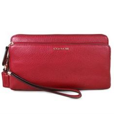 Nwt Coach Madison Leather Dbl Zip Wallet Color: Scarlet Style: 50468 Approx: 7 3/4"L X 4 1/4"H X 3/4"W Coach Leather Clutch With Card Slots, Coach Wallets With Removable Pouch For Formal Use, Formal Coach Wallet With Removable Pouch, Classic Coach Clutch With Card Slots, Coach Leather Pouch Wallet, Coach Leather Clutch Wallet, Coach Formal Pouch Wallet, Coach Leather Bifold Bag, Coach Leather Bags With Card Slots