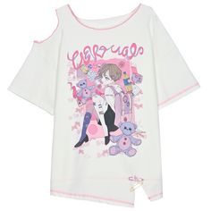 Get ready to embrace your inner kawaii with this adorable comic girl print T-shirt! The cutout shoulder design and lettuce trim details add a touch of playful charm, while the cute pins decoration gives it a fun and unique flair. This loose-fitting tee is perfect for a casual, comfy look.  Please note that this item includes only the T-shirt.  Garment Size   	 		 			Size 			S 			M 			L 		 		 			Full Length 			59.5 			61.5 			63.5 		 		 			Bust 			106 			110 			114 		 		 			Shoulders 			58 			60 Y2k Tshirt Designs, T Shirt Designs Graphics, Cartoon Shirt Design, Fit Board, Steampunk Fashion Male, Kawaii Shirts, Shirt Drawing, Cartoon Shirts, Comics Girl