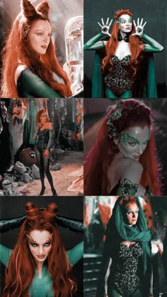 the red - headed woman is dressed in green and black