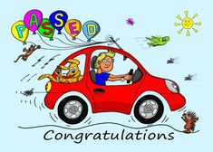 a man driving a red car with the words congratulations above it