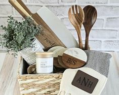 a basket filled with kitchen utensils and personalized items