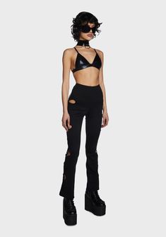 Club Exx Cut Out Flower Flare Pants - Black – Dolls Kill Edgy Flare Bottoms For Party, Edgy Flare Pants For Party, Edgy Stretch Elastane Pants, Stretch Black Flares For Night Out, Black Stretch Flares For Night Out, Fitted Black Bottoms With Cutout Details, Fitted Black Bottoms With Cutout, Fitted Black Cutout Bottoms, Edgy Stretch Pants For Party