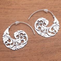 Sterling Silver Vine Half-Hoop Earrings from Bali - Garden Waves | NOVICA Color Party, Balinese, Flower Fashion, Jewelry Packaging, Hook Earrings, Silver Hoop Earrings, Jewelry Gift Box, Handmade Silver, Fashion Earrings