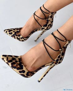 OrcaJump - Sophisticated Lace-up Stiletto Heel Pumps with Cheetah Print Leopard Pumps, Lace Up High Heels, Womens Stilettos, Pumps Heels Stilettos, Chunky Heels Boots, Pointed Toe Heels, Shoes Heels Pumps, Stiletto Pumps, Heel Pumps