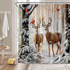 two deer in the woods with red birds on their backs shower curtain bathroom decor set