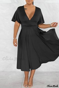 Olivia Mark - Olive Green Contemporary Patchwork V-Neck Short Sleeve Dress with a Relaxed Casual Style V Neck Cocktail Dress, Draped Midi Dresses, Dress Sleeve Styles, Flowy Sleeves, Pleated Midi Dress, Red Midi Dress, Dresses By Length, A Line Gown, Party Gowns