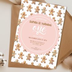 a pink and brown teddy bear birthday party card with the words, oh what fun is turning one?