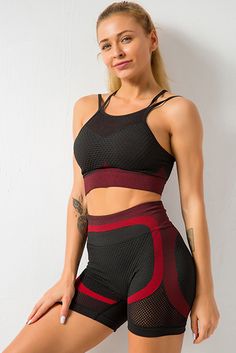 Red Breathable Mesh Gym Crop Top & Shorts Sports Set