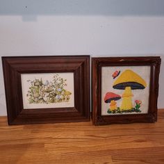 two framed pictures with mushrooms on them sitting next to each other