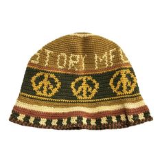 a knitted hat with peace symbols on it