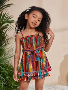 Multicolor Boho Collar Sleeveless Woven Fabric Striped,Tribal,All Over Print Cami Embellished Non-Stretch  Young Girls Clothing Preteen Fashion, Halter Romper, Kids Fashion Clothes, Slim Fit Top, Casual Spring, Kids Beachwear, Girls Clothing, Fashion Online Shop, Online Fashion