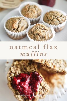 oatmeal flax muffins with raspberry sauce on top