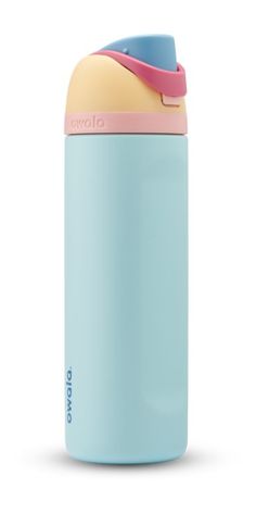 thermos bottle is blue and has a pink strap around it's neck