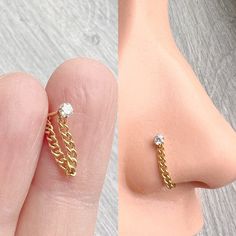 two different views of a person's nose with gold chains and diamond rings on their fingers