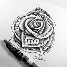 a drawing of a rose with money on it and a pen in the foreground