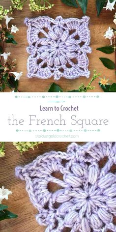 the french square crochet pattern is shown with flowers and leaves in the background