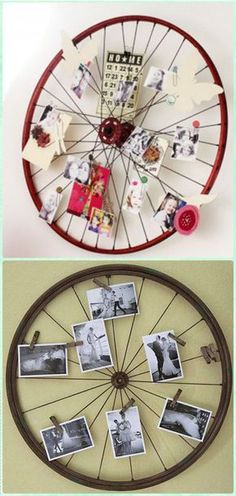 the wheel is made from old photos and has been turned into a wall hanging decoration