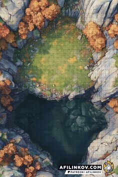 an aerial view of a mountain lake surrounded by rocks and autumn foliage, with the words aflinkov com above it