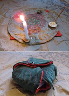 two pictures of a candle on top of a table with cloths and other items around it