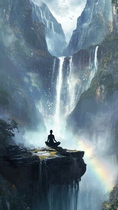 Step into a breathtaking world where meditation meets the majesty of nature. This ethereal scene of a yogi perched on a cliff, surrounded by mist and cascading waterfalls, invites a sense of awe and serenity. The towering cliffs and rainbow reflections create an almost otherworldly atmosphere, perfect for deep reflection and mindfulness. If you're looking for inspiration for your next retreat or simply want to connect with nature, this image offers a tranquil escape into the heart of peace and beauty. Ethereal Waterfall, Waterfall Meditation, Peace In Nature, Meditation Spirituality, Instagram Creative Ideas, Power Of Meditation, Connect With Nature, New Earth, Yoga Sequences