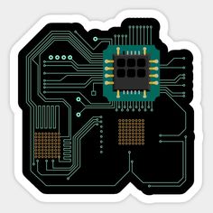 an electronic circuit board printed on a black background with yellow and green dots in the middle