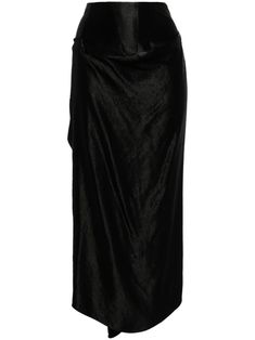 black satin weave high-waisted gathered detailing draped detailing curved hem concealed rear zip fastening Pre-draped Asymmetrical Skirt For Evening, Elegant Ruched Bottoms For Date Night, Elegant Ruched Skirt For Night Out, Elegant Ruched Midi Skirt, Elegant High Waist Satin Skirt, Elegant Ruched Bottoms In Midi Length, Black Formal Draped Skirt, Elegant Ruched Midi Bottoms, Elegant Ruched Midi Length Bottoms