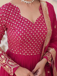 This elegant gown is perfect for any special occasion, from engagements to weddings to receptions. The vibrant rani pink color, combined with the intricate zari work, thread embroidery, and sequin work, will make you stand out in any crowd.
This gorgeous gown includes a fully stitched design, available in sizes XS to XXL, a 5-meter flair for a dramatic look, and a gown length of 56 inches. Paired with a similar color georgette dupatta adorned with rich sequins multi embroidered lace border work, Party Gown In Art Silk With Intricate Embroidery, Pink Chinon Dress With Dabka Work, Party Gown With Intricate Embroidery In Art Silk, Festive Gold Gown With Dori Work, Gold Semi-stitched Gown With Dori Work, Chinon Gown With Intricate Embroidery For Diwali, Intricate Embroidery Chinon Gown For Diwali, Gold Gown With Dori Work For Festive Occasions, Pink Semi-stitched Art Silk Dress