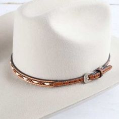 White and Tan Buckstitch Hatband Classic Cheap Hat Band One Size Fits Most, Cheap Classic Spring Hat Bands, Luxury White Country Hat Bands, Adjustable Cream Hats For Ranch, Adjustable Cream Hat Band For Ranch, Adjustable Cream Hat For Ranch, Adjustable Cream Hat For Rodeo, White Adjustable Leather Hat, Adjustable White Leather Hat