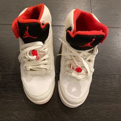 Air Jordan’s 5 Sneakers Size 6 Y White / Red / Black University Red Lace-up Jordan Shoes, Red Lace-up Basketball Shoes With Contrast Sole, Low-top Sneakers With Red Accents And Sole, Sporty Low-top Sneakers With Red Accents, Shoes Air Jordans, Jordans Retro, Shoes Air, Air Jordans Retro, Jordans For Men