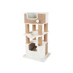 the cat tree is made out of wood and white