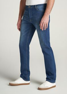 About Our Tall Straight Leg Jeans The OG denim fit in a length that fits your frame. Straight leg jeans for tall men are a must-have in every guy's closet and were one of the original denim styles in the mid-1900s (think James Dean and John Wayne). While jeans have been around for ages, finding options for tall guys has always been a struggle – until now. All of our men's tall jeans are designed specifically for guys between 6'3” and 7'1”. This pair has a bit more room in the hips and thighs wit Tall Men, James Dean, Tall Jeans, John Wayne, Tall Guys, Classic Blue, Denim Fashion, Dean, Straight Leg Jeans