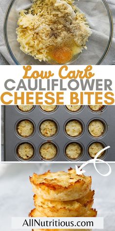 four different pictures with the words low carb cauliflower cheese bites on them