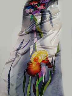 "Hand painted silk scarf Irises, Batik scarf, Mother's Day gift, Valentine's Day gift, Big long Multicolor silk scarf, Sacrament of iris on a silk scarf. Scarf hand-painted according to author's sketches. Multi-colored scarf. Unique scarf \"Irises\" made using the technique of batik painting on natural silk. This scarf can be a wonderful accessory in a women's wardrobe, a fashionable addition to a women's outfit both in a business suit and in a casual outfit. sizes Length: 77 inch; Width:22 inch Silk Scarf With Floral Print For Gift, Purple Silk Scarves With Floral Print, Silk Scarves With Floral Print As Gift, Silk Floral Print Scarf As Gift, Silk Scarves With Floral Print For Gift, Artistic Purple Silk Scarves, Artistic Purple Silk Scarf, Artistic Purple Silk Scarf Gift, Elegant Flower-shaped Silk Scarf For Gift