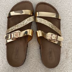 Yoki Brand Sandals. New. Size 8.5. Gold Footbed Sandals With Buckle Closure For Beach, Gold Footbed Sandals With Buckle For Beach, Gold Buckle Footbed Sandals For The Beach, Gold Buckle Closure Footbed Sandals For Beach, Gold Open Toe Footbed Sandals For Beach, Gold Flat Footbed Sandals For Summer, Gold Textured Footbed Sandals For The Beach, Gold Synthetic Footbed Sandals With Round Toe, Gold Synthetic Round Toe Footbed Sandals