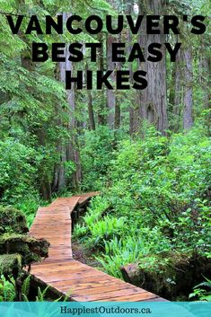 a wooden walkway in the woods with text overlay that reads vancouver's best easy hikes