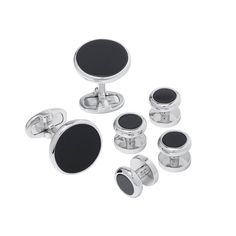 Gemstone Inlay Classic Round Sterling Silver Rim Cufflink and Tuxedo Stud Set with black onyx inlay I Jan Leslie Cufflinks and Accessories. Classic Black Business Cufflinks, Classic Silver Cufflinks For Black Tie Events, Luxury Formal Jewelry With Polished Edges, Luxury Black Jewelry For Formal Occasions, Luxury Black Cufflinks For Formal Occasions, Black Polished Jewelry For Business, Black Luxury Cufflinks For Formal Occasions, Black Polished Finish Jewelry For Business, Black Luxury Cufflinks For Formal Wear