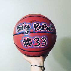 a person holding up a basketball with the number 33 on it's front and side