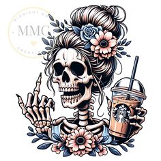 a skeleton holding a coffee cup with flowers in her hair and an arm tattoo design