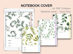 three notebook covers with green leaves on them and the words notebook cover in white text