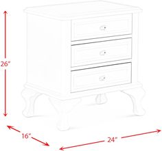 a white nightstand with three drawers and measurements