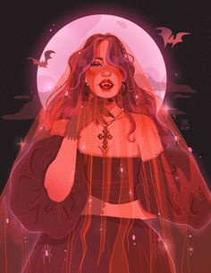 a woman with long hair wearing a red dress in front of a full moon