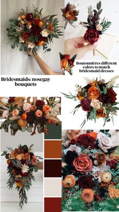 the wedding bouquet is made up of flowers, foliage and pineconi leaves with burgundy hues