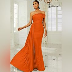 Long Cocktail Dress. Never Worn Fitted Orange Dress For Banquet, Elegant Evening Draped Fall Dress, Elegant Draped Evening Dress For Fall, One Shoulder Evening Maxi Dress For Fall, Orange One-shoulder Evening Dress, Chic Evening Dress For Fall Banquet, One Shoulder Maxi Dress For Fall Party, Orange Draped Party Dress, Orange Long Dress For Evening