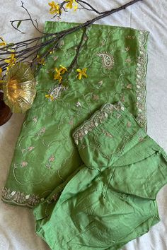 Comes with stitched blouse Spring Green Sets With Gota Work, Green Gota Work Dupatta For Spring, Fitted Spring Sharara With Gota Work, Spring Fitted Sharara With Gota Work, Festive Green Tops With Dupatta, Festive Green Top With Dupatta, Spring Sharara With Dabka Work, Elegant Embroidered Pista Green Blouse, Spring Green Sharara With Dabka Work