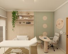 a living room filled with furniture next to a wall mounted book shelf and potted plant