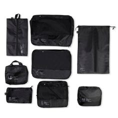 Elevate your travel game with our Black 8 Piece Travel Packing Cubes. These sophisticated and exclusive bags will keep your belongings organized and secure while you journey. Say goodbye to chaos and hello to efficiency with these premium packing cubes. Perfect for the modern and stylish traveler. Versatile Portable Travel Accessories For Trip, Practical Portable Travel Accessories, Black Portable Travel Bag For Outdoor Activities, Portable Black Travel Bag For Outdoor Activities, Functional Black Portable Travel Bag, Foldable Rectangular Travel Accessories For Outdoor Activities, Functional Foldable Travel Accessories For Trips, Portable Black Travel Bag, Versatile Black Luggage For Outdoor Activities