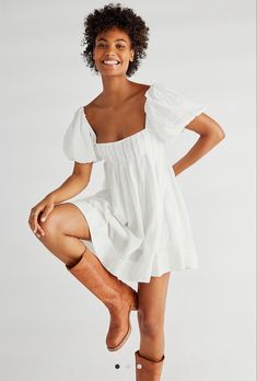 White Float Dress, Free People Babydoll Dress, Altard State White Dress, White Dress Medium Length, Where To Get Dresses From, White Dress Senior Pictures, Coastal Cowgirl Dress, Company Outfit, White Baby Doll Dress